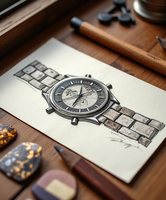 Eine Designskizze für eine massgefertigte Uhr neben Materialmustern.
